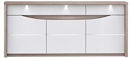 FORTE Saint Tropez Kommode mit 3 Türen, 2 Schubladen, Holzwerkstoff, Weiß Glanz kombiniert mit Sandeiche, 52,7 x 187,4 x 84,4 cm