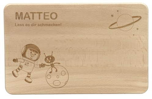 LAUBLUST Frühstücksbrettchen Kinder - Personalisiert mit Gravur - Weltall - Geschenk Brettchen 24x15cm, Holz FSC®