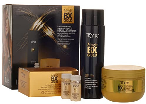 Tahe Magic BX Gold Pack para cabellos secos: Champú redensificador 300 ml + Mascarilla redensificadora 300 ml + Tratamiento 50 ml
