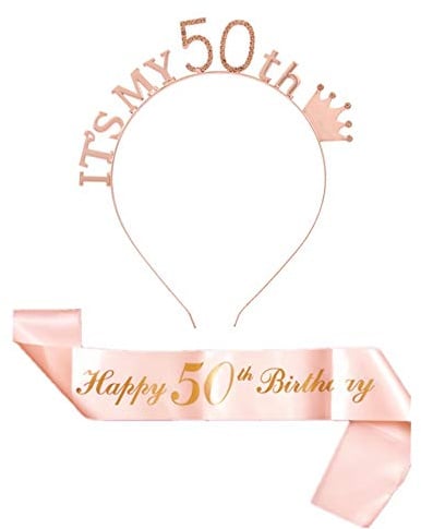 CHTENG Rose Gold Happy Birthday Schärpe und Tiara Strass Krone Stirnband für Geburtstagsparty Supplies (50)