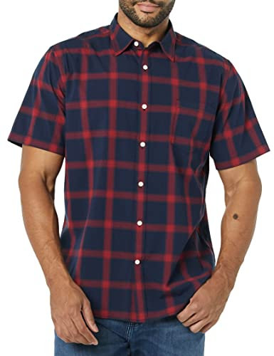 Amazon Essentials Men's Slim-Fit Short-Sleeve Poplin Shirt, Navy Red Buffalo Plaid, S