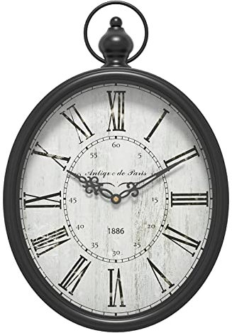 Menterry Reloj de Pared Rectangular Retro, Diseño Antiguo, Estilo Rústico Vintage, Relojes de Pared Silenciosos para Casa de Campo, Cocina, Oficina (Black Oval)
