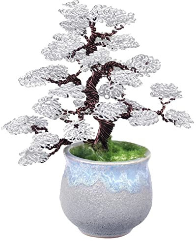 rockcloud Geldbaum-Skulptur aus Aluminiumdraht mit Keramiksockel, Feng Shui, Bonsai, Heimbüro, Dekoration für Glück und Reichtum, Silber und Braun