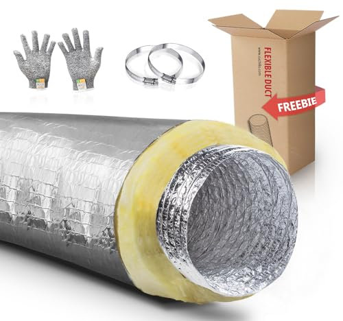 Condotto R4.2 Condotto dell'Aria Flessibile Isolato, Tubo Flessibile in Fibra di Vetro, 100 mm Diametro Interno 7.62 M di Lunghezza con 2 Fascette Stringitubo