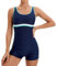Veranohub Damen Boyleg Einteiliger Badeanzug Athletic Lap Badeanzüge Konservativer Schnitt(Marine/Grün,EU40)