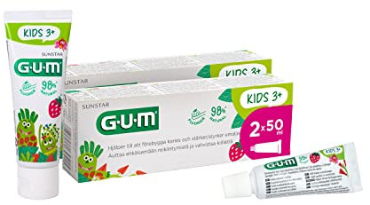 Pasta de dientes GUM KIDS 3+ | diseñada especialmente para dientes de leche | textura de gel | sabor a fresa | 2 x 50 (con 1 muestra extra)