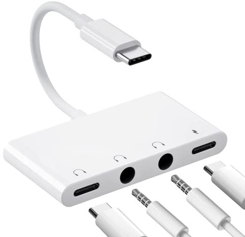 SkySmile USB C Audio Headphone Adapter, 4 in 1 Type-C to Dual 3.5mm Headphone Audio Splitter, USB C Headphone Jack and USB C Fast Charging Port