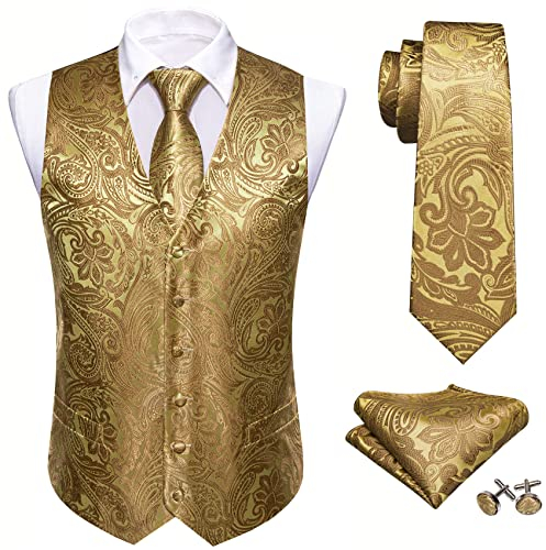 Barry.Wang Herren Paisleymuster Blume Jacquard Seide V-Ausschnitt Anzug Weste und Krawatte Einstecktuch Manschettenknöpfe für Hochzeit Smoking Abschlussball, gold, XXL