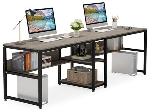 Tribesigns Zwei-Personen-Schreibtisch mit Bücherregal, 78,7 cm Computerbüro, Doppelschreibtisch für zwei Personen, rustikaler Schreibtisch mit Ablage für Home Office (Grau)