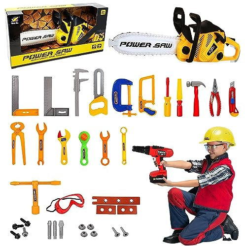 Koolbitz 37 Pcs Engineering Tool Kit Set Chainsaw Tool Kit for Kids Construction Tool Set Pretend Play Tool Drill, Chainsaw & Other Tools for Children Gift for Boy Girl