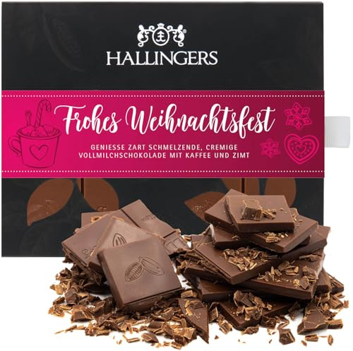 Hallingers Genuss Manufaktur Schokolade Weihnachts-Geschenk - Tafel handgeschöpften Edelkakaos ohne Alkohol edler Karton Frohes Weihnach... Kaffee-Zimt, Weihnachten für Frauen Männer
