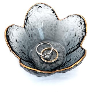 CEIERPH Black Flower Ring Dish Jewelry Tray, Small Glass Trinket Tray for Rings Earrings, Present for Wife Mom Daughter Women