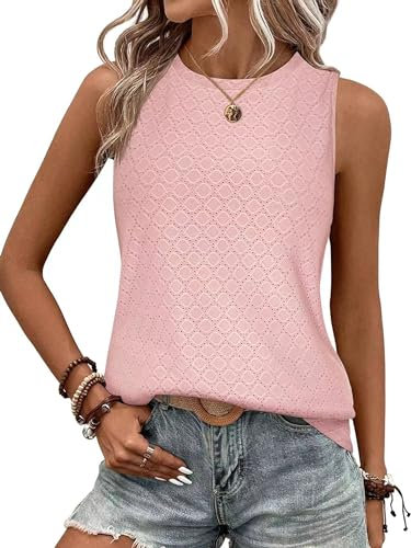 BAISHENGGT Damen Tank Tops Sommer Rundhals Ärmellos Ausgehöhlt Basic T Shirt Oberteile Rosa M
