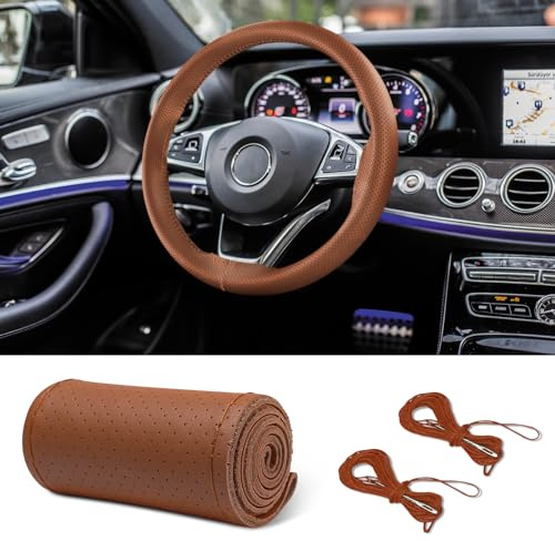 HEVLE Leder-Lenkradbezug zum Schnüren, Auto-Lenkradbezug, universeller Auto-Lenkradschutz, 15 Zoll, Braun, Loch