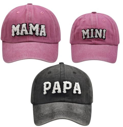 Besforta Mama Papa und Mini Hüte Verstellbare Vintage Baumwolle Bestickt Eltern-Kind Baseballmützen Set mit 3 passenden Familienmützen