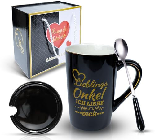 DIKARYA Tassen für Onkel Geschenke zum Geburtstag, Schwarz Kaffeetasse für Bester Onkel der Welt, 400ml Kaffee Tasse Kaffeebecher Teetasse Geschenk Vatertagsgeschenk
