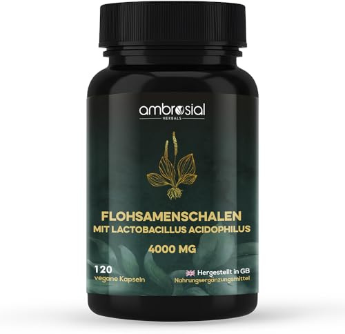 Ambrosial Flohsamenschalen kapseln - 4000mg pro Kapsel - 4 Monate Vorrat - Mit 200 Millionen KBE Lactobacillus Acidophilus - 120 Flohsamen Kapseln - Vegan & Glutenfrei - Psyllium husk Capsules