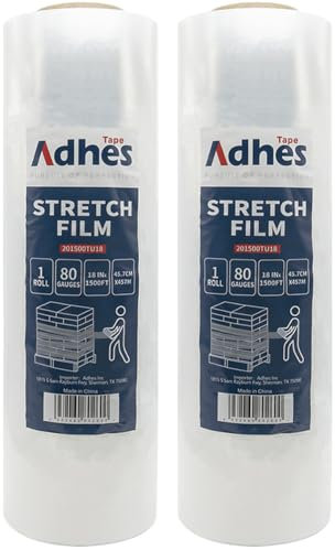 ADHES TAPE Stretchfolie Transparente Wickelfolie 457mm x 20um x 457m 2-Rollen Industrielle Stärke Kunststofffolie Schrumpffolie für Palettenverpackung, Versand, Umzug