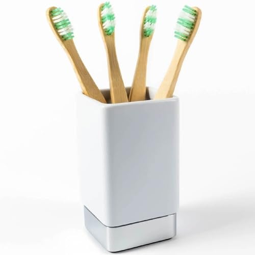 Pebble Grey™ Elemental Ceramic Toothbrush Holder for Bathrooms, Square Toothbrush Cup, Padded Bottom, Freestanding (Chrome)