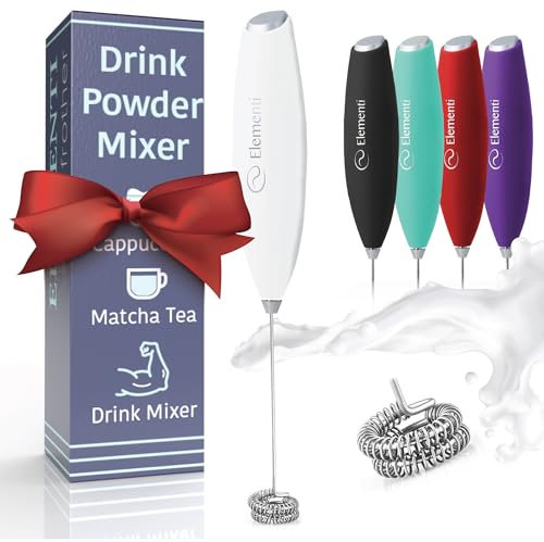 Elementi Milk Frother Handheld - Powerful Mini Coffee Frother Whisk - Hand Held Coffee Whisk Electric & Frappe Maker - Drink Mixer, Stirrer & Electric Milk Foamer (Double Whisk, White)