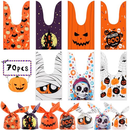AWCIGG 70 Pezzi Sacchetti Halloween Caramelle Sacchettini Porta Caramelle Halloween Bustine Halloween Vuote Sacchetto Buste Halloween per Dolcetti Regalo Gadget Regalini Fine Festa