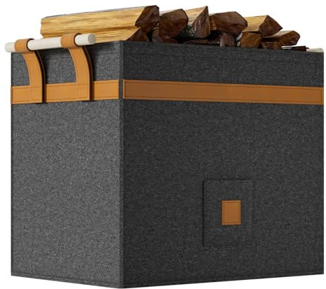 Log Basket, XL Felt Firewood Baskets Extra Thick and Foldable Log Basket for Wood Burner Indoor with Extended Handles for Fireplace Accessories, Shopping, Books, Toy, Clothes and More