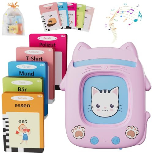 Sprechende Lernkarten, Zweisprachigkeit Wörter Lernen, Deutsch Englisch Lernkarteikarten 112 Blätter 224 Wörter, Lernspielzeug Interaktives Spielzeug Jungen Mädchen - Rosa
