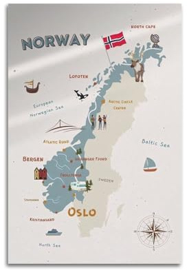 Poster mit Reisekarte, Europa, Norwegen, dekoratives Gemälde, Leinwand, Wandposter und Kunstdruck, modernes Familienschlafzimmer, Dekoration, Poster, 30 x 45 cm