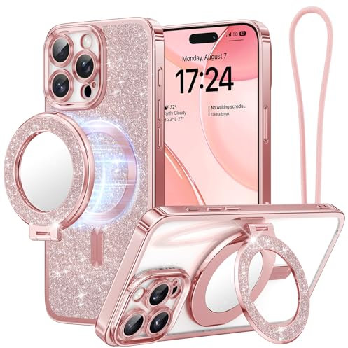 Meifigno Custodia magnetica + anello titolare con specchio per iPhone 16 Pro Max, oro rosa