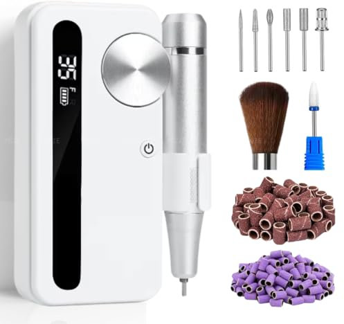 PÔZE • Ponceuse pour ongles professionnelle 35000 RPM portable et rechargeable | Sans fil, puissante, silencieuse, affichage LCD | Kit manucure/pédicure : 7 embouts + 56 bandes Emery | Maison & salon