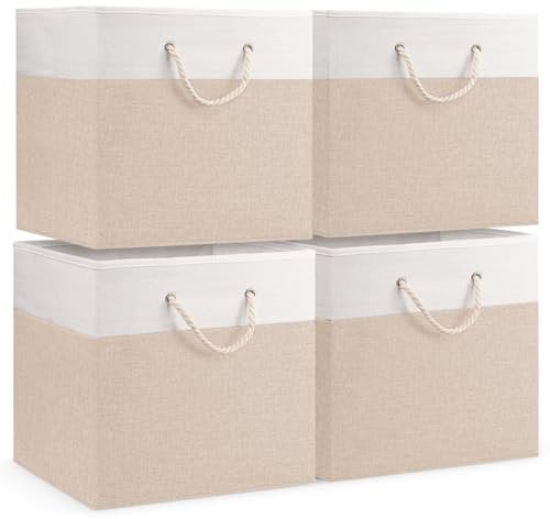 Woodluv Storage Cube Boxes Large, Set of 4 Foldable Storage Basket for Cupboards, Shelves, Closet, Set of 4, Beige, 33 x 33 x 33 cm