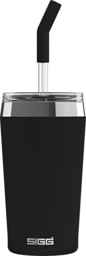 Sigg - Isolierbecher - Travel Mug Helia Peaceful Black - Mit wiederverwendbarem Glastrinkhalm & Reinigungsbürste - Auslaufsicher - BPA-frei - 18/8-Edelstahl - Black - 0,45L