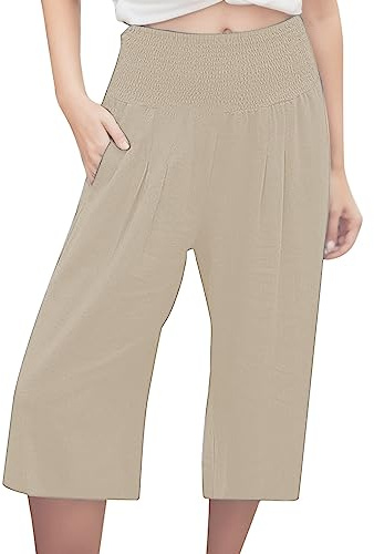 Pantalon Fluide Femme Taille Elastique 3/4 en Lin pour Femmes 7/8eme Pantacourt Jean Yoga Décontractée Solide Couleur Léger Sport Longueur Pants avec Poches D'été Long Ete Ensemble Haute