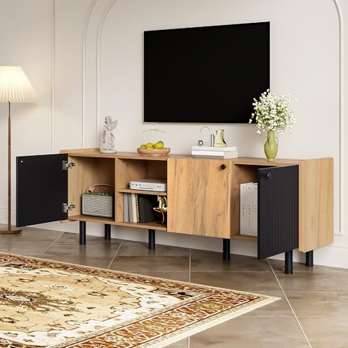 BLUON HOME 160cm Schwarzer und Holzfarbener，Modern TV Schrank – Highboard TV Cabinet with Storage, Sideboard TV Unit & Fernsehtisch, Wohnzimmer Möbel for Living Room