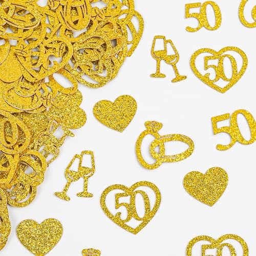 Gold 50th Wedding Anniversary Decorations - 150Pcs Happy 50 Years Commemorate Table Decoration Glitter Confetti, 5 Patterns for Men Women Wedding Anniversary Party Supplies