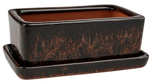FRANCACOR Maceta TERRINA Bonsai Barro ESMALTADO Colores con Plato - Jardinera Rectangular con Plato (Esmalte MARRÓN)