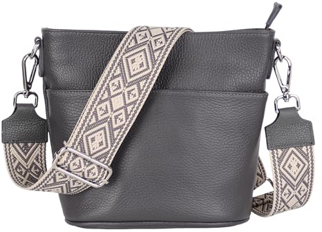 MIRROSI Damen Umhängetasche, Crossbody Bag, Echtleder I Made in Italy (1 Tasche 1 oder 2 Gurt(e)), 24x18x12cm (BXHXT) Mittelgroß (Upgrade Version (mit 2 Gurte): Dunkelgrau Karo)