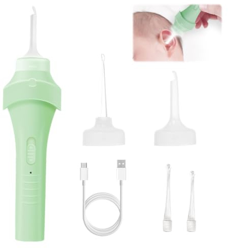 Limpiador de Oídos Eléctrico con Luz LED, Aspirador de Cera Oídos Verde, Kit de Extracción con 4 Cucharas de Repuesto, Removedor de Cera Portátil Suave y Seguro para Adultos y Niños