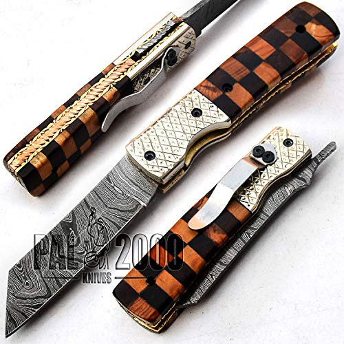 Coltello Pieghevole in Acciaio Damasco Fatto a Mano con Guaina Nuovo Modello con Manico Incredibile di Arte con legno di rosa e legno di ulivo Manico interno fatto a Rame e Ottone 9609