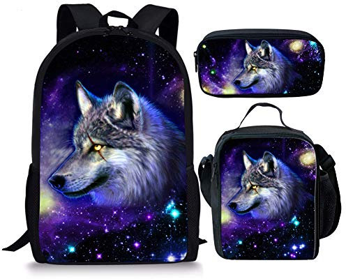 chaqlin Modischer Galaxie-Tier-Rucksack, Schultaschen für Jungen und Mädchen, Büchertasche, Tagesrucksack, (3 Stück) Wolf-1, Einheitsgröße, Schulrucksack