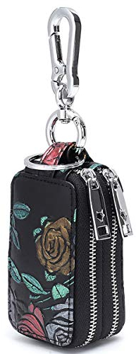 Aileder Schlüsseletui echtes Leder Doppelreißverschluss Auto-Schlüsselanhänger Schlüsseltasche handbemalte Blumen Schlüsselmäppchen für Damen, Gold Rose Muster