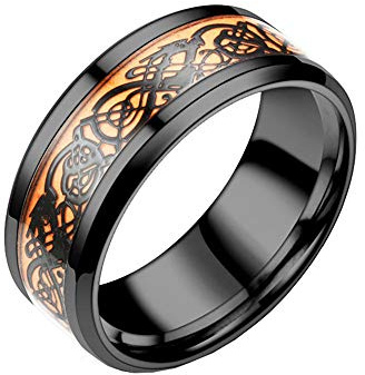 HIJONES Herren Celtic Schwarz Dragon Gelb Nachtleuchtend Carbon Fiber Schwarz Edelstahl Ring Ehering 8MM Größe 52