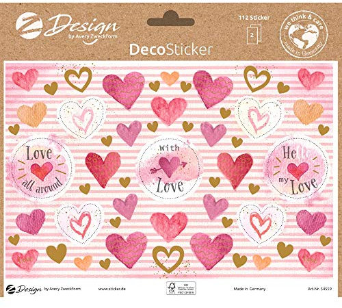 AVERY Zweckform Dekosticker 112 Aufkleber Herzen, Love (Etiketten auf A5 Bogen, Klebeetiketten für Geburtstag, Hochzeit, Feiern, Geschenke und Karten, mit Goldeffekt in pink, rosa und gold) 54559