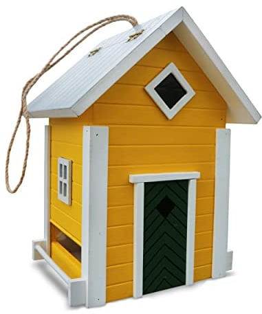HABAU Futterhaus Schweden zum Aufhängen, montierter Futterspender mit Kordel, Gelb, ideal für Garten und Balkon
