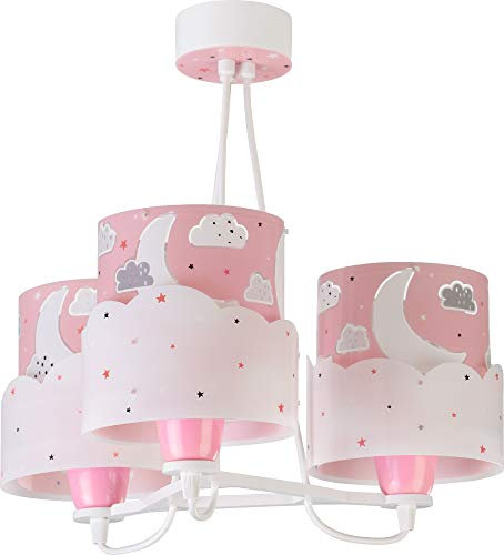 Dalber Lampe kinderzimmer, kinderlampe Pendelleuchte Hängelampe, Deckenleuchte Kinder, Deckenlampe kinderzimmer 3 Lichter Moon Mond und Sterne Rose, 61237S, E27