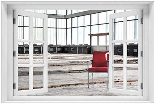 Wallario Glasbild 60 x 90 cm mit Fensterrahmen mit Fenster-Illusion: Stille und Leere - EIN einsamer roter Stuhl in Einer Alten Halle - Wandbild mit freischwebender Optik