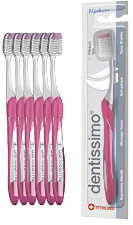 DENTISSIMO SWISS BIODENT Premium Oral Care Zahnbürste mit mittelgroßen Borsten und ergonomischem Griff, Farben können variieren, 6 Stück