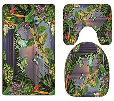 A.Monamour Badezimmer Badematte 3 Teilig Set Tropische Blätter Blüht Grünen Frosch Auf Astschmetterling Flanell WC Toilette Deckel Deckt Bad Matte Teppich Badteppiche Badvorleger Badgarnitur Vorleger