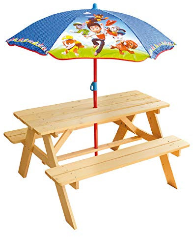 PAT'PATROUILLE Table Pique-Nique H.53 X L.95 X P.75 cm avec Parasol H.125 X Ø 100 cm pour Enfant