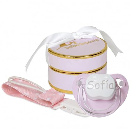 Regalo Neonato Maschio Femmina | Ciuccio per Bambini con Nome | de 0|6 Mesi e Portaciuccio Rosa | Senza BPA | Presentato in una scatola elegante personalizzata | BebeDeParis